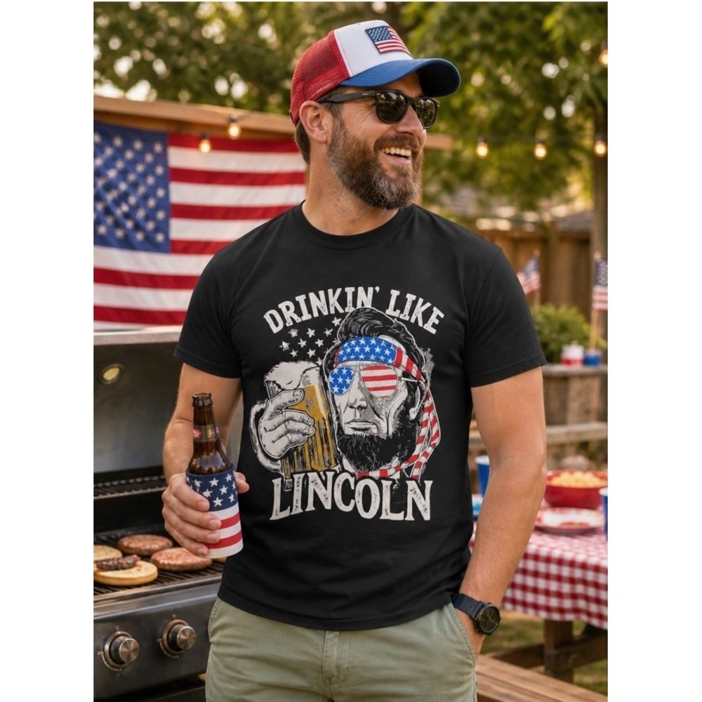 Drinkin Like Lincoln Patriotic Beer Graphic Tee Medium USA Memorial Day